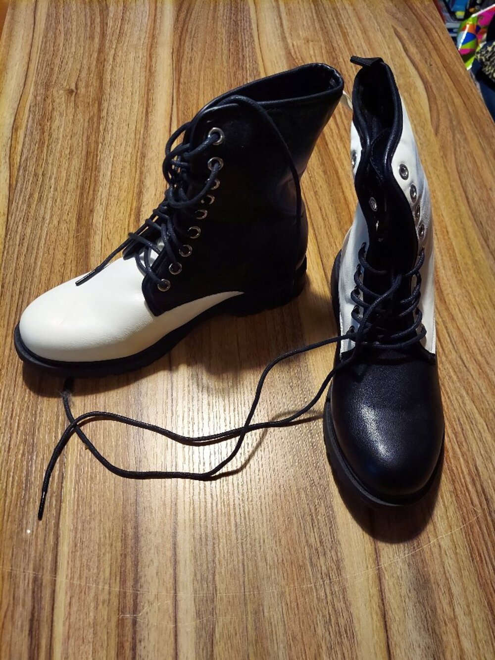 Black and White Lace Up Combat Boots - Picture 3 of 9